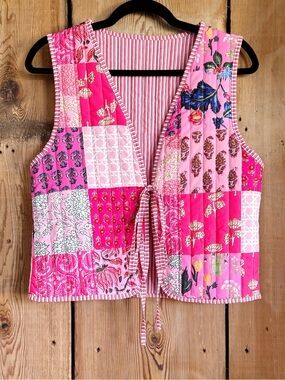 Sz M Vintage Inspired Pink Multicolor Quilted Patchwork Tie-Front Vest EUC